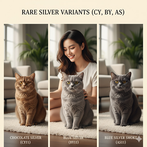 Mèo Anh lông ngắn biến thể Silver hiếm gồm Chocolate Silver, Blue Silver và Blue Silver Smoke