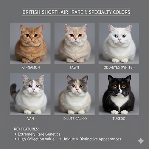 Nhóm màu hiếm mèo Anh lông ngắn gồm Cinnamon, Fawn, Odd Eyes White, Van, Dilute Calico và Tuxedo