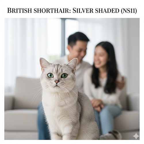 Mèo Anh lông ngắn Silver Shaded với nền bạc sáng và phần chóp lông đen phủ 1/3 tạo hiệu ứng ombre sang trọng
