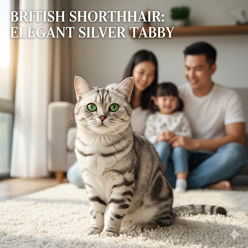 Mèo Anh lông ngắn silver tabby với nền lông bạc sáng và vằn đen rõ nét, chữ M trên trán đặc trưng