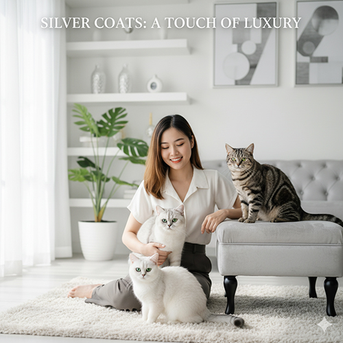 Nhóm mèo Anh lông ngắn silver với bộ lông ánh bạc sang trọng, quý phái dưới ánh sáng tự nhiên
