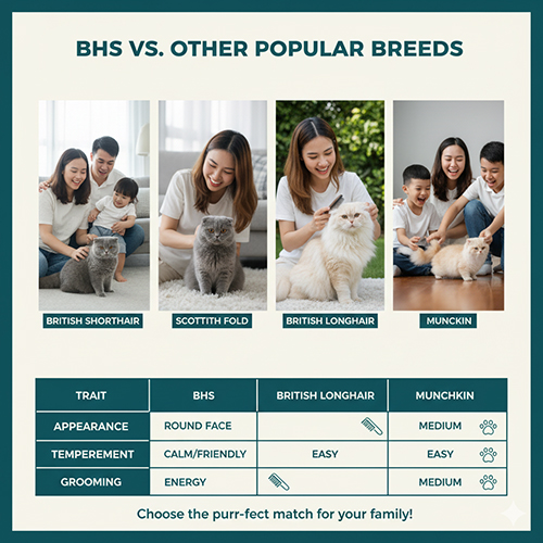 Infographic so sánh mèo Anh lông ngắn với Scottish Fold, British Longhair và Munchkin về ngoại hình, tính cách, chăm sóc lông, mức năng lượng và giá tham khảo