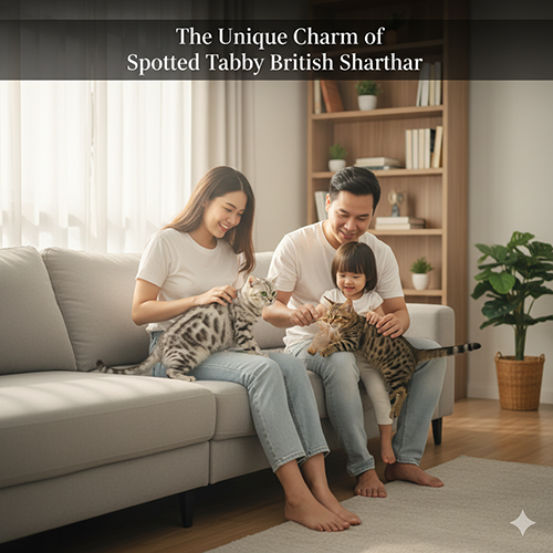 Gia đình chơi cùng mèo Anh lông ngắn spotted tabby với hoa văn đốm đặc trưng trên thân