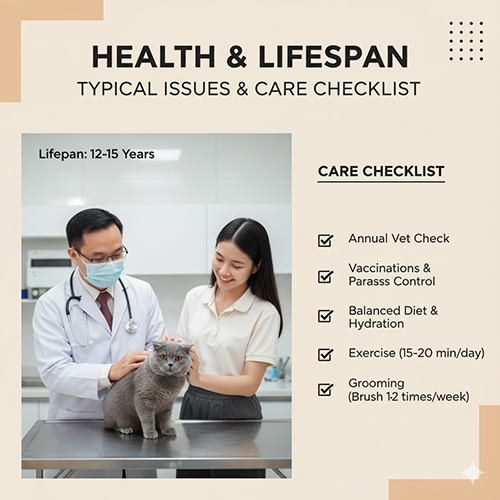 Bác sĩ thú y và cô chủ đang kiểm tra một bé mèo Anh lông ngắn màu blue trên bàn khám; infographic ghi tuổi thọ 12–15 năm và checklist chăm sóc: khám định kỳ, tiêm phòng & ký sinh, chế độ ăn cân bằng, vận động 15–20 phút/ngày, chải lông 1–2 lần/tuần