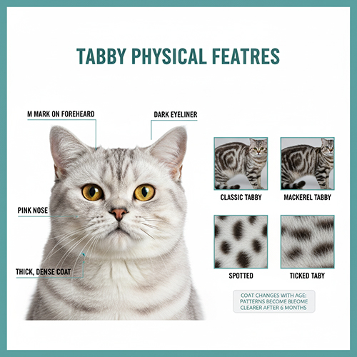Đặc điểm ngoại hình mèo Anh lông ngắn tabby với bộ lông dày, hoa văn vằn vện rõ ràng và dấu M trên trán