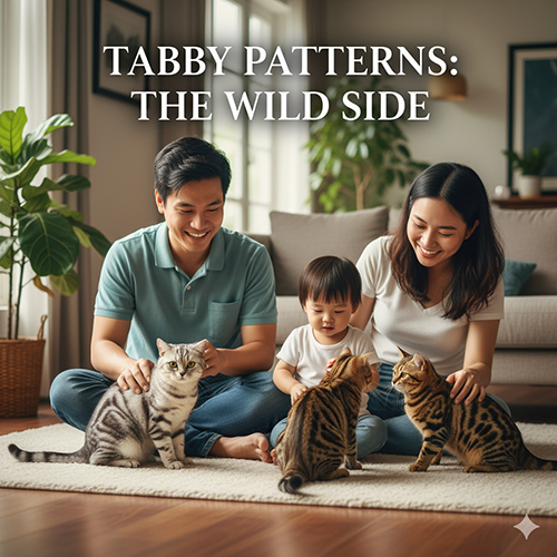 Nhóm mèo Anh lông ngắn tabby với nhiều hoa văn vằn đặc trưng, chữ M trên trán và bộ lông nhiều tầng màu