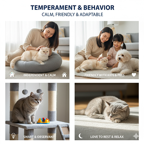 Infographic tính cách mèo Anh lông ngắn với bốn khung cảnh: độc lập điềm tĩnh, thân thiện với trẻ em và thú cưng, thông minh quan sát, thích nghỉ ngơi thư giãn
