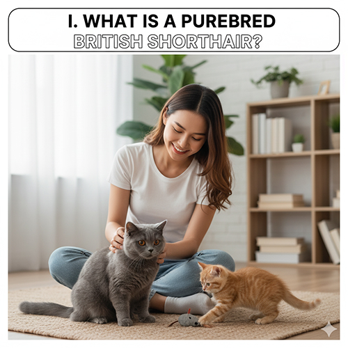 Cô gái chơi với hai mèo Anh lông ngắn thuần chủng màu xám xanh và vàng cam trong phòng khách, minh họa khái niệm British Shorthair thuần.