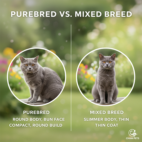 So sánh mèo Anh lông ngắn thuần chủng và mèo lai – thân hình, khuôn mặt, bộ lông khác biệt rõ rệt