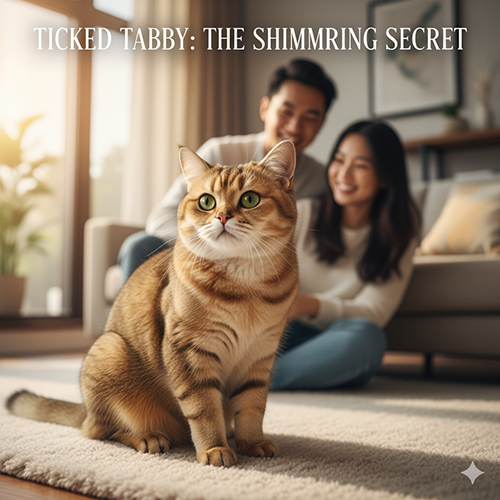 Mèo Anh lông ngắn ticked tabby với bộ lông rải hạt, từng sợi lông có nhiều dải màu sáng tối tạo hiệu ứng lấp lánh