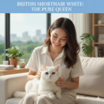 Mèo Anh lông ngắn trắng (British Shorthair White) với bộ lông trắng tinh khiết, đôi mắt đặc biệt, ngồi trong lòng cô gái.