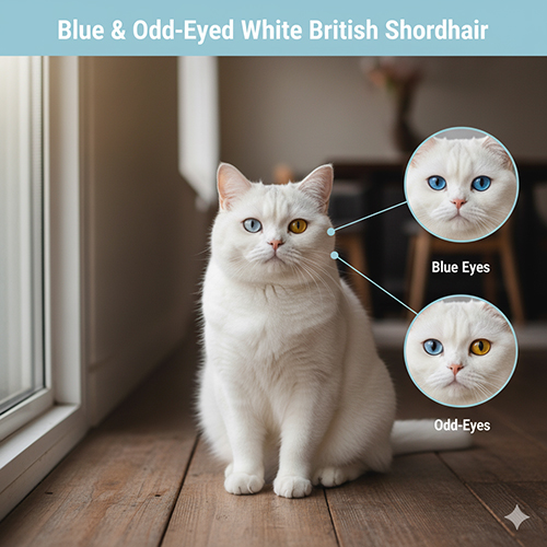 Mèo Anh lông ngắn trắng (British Shorthair White) với mắt xanh và mắt odd-eyes hiếm, tạo vẻ đẹp độc đáo và sang trọng.