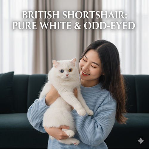 Cô gái bế mèo Anh lông ngắn trắng tinh khôi với đôi mắt hai màu độc đáo