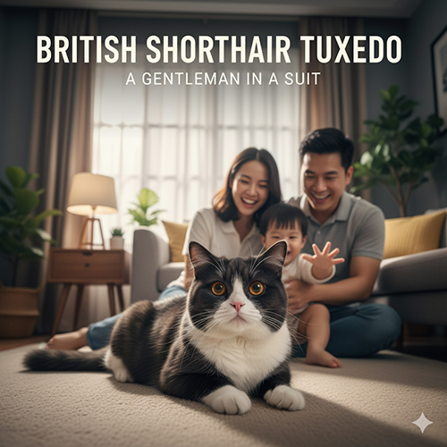 Mèo Anh lông ngắn Tuxedo (British Shorthair Tuxedo) với bộ lông đen trắng sang trọng như quý ông mặc vest