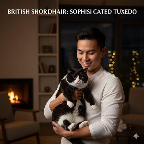 Chàng trai bế mèo Anh lông ngắn tuxedo với lông đen trắng đối lập như bộ vest sang trọng