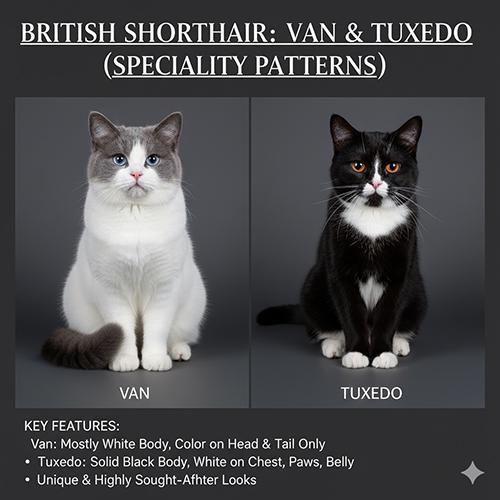 Mèo Anh lông ngắn Van toàn thân trắng chỉ có màu ở đầu và đuôi, và mèo Tuxedo đen trắng như mặc vest