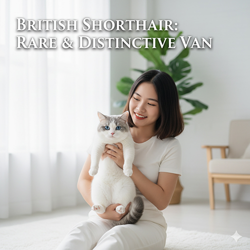 Cô gái bế mèo Anh lông ngắn van với bộ lông trắng gần như hoàn toàn, chỉ có màu ở đầu và đuôi