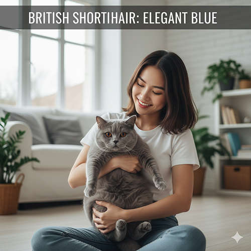 Cô gái ôm mèo Anh lông ngắn màu xám xanh với bộ lông dày mịn và đôi mắt đồng nổi bật