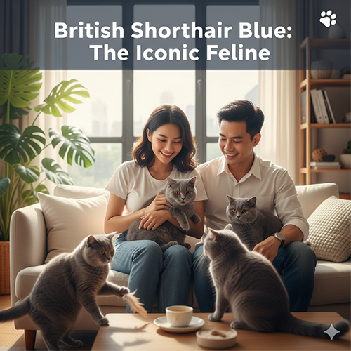 Ảnh đại diện mèo Anh lông ngắn xám xanh (British Shorthair Blue) cùng gia đình trong phòng khách hiện đại.