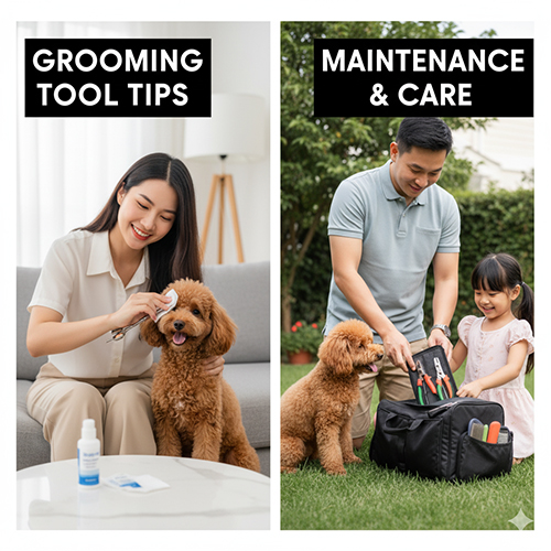Gia đình chăm sóc Poodle và bảo quản bộ dụng cụ grooming sau khi sử dụng