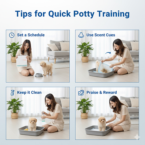Mẹo dạy chó Poodle nhanh quen khay vệ sinh: lập lịch cố định, dùng mùi quen thuộc, giữ khay sạch sẽ và khen thưởng khi đi đúng