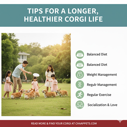 Gia đình dắt chó Corgi đi dạo ngoài công viên, minh họa mẹo giúp sống thọ hơn