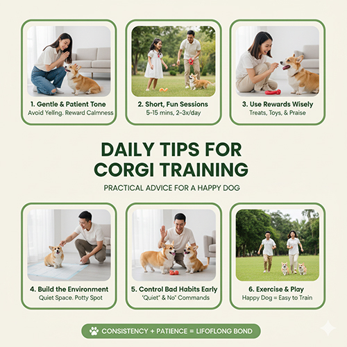 Mẹo huấn luyện chó Corgi hàng ngày 🐾 Giữ giọng nhẹ nhàng, huấn luyện ngắn gọn, dùng phần thưởng đúng cách.