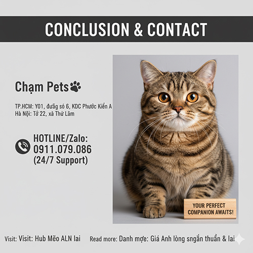 Mèo mướp lai mèo Anh lông ngắn ngồi nghiêm chỉnh, lông tabby nâu đẹp mắt, kèm thông tin liên hệ Chạm Pets