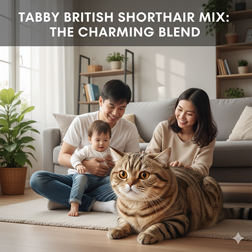 Gia đình vui vẻ chơi đùa cùng mèo mướp lai mèo Anh lông ngắn trong phòng khách sáng sủa