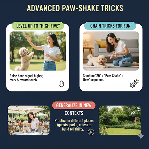 Mẹo nâng cao khi dạy chó Poodle bắt tay: High five, ghép chuỗi trick, đổi bối cảnh