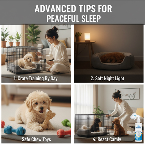 Mẹo nâng cao giúp Poodle con ngủ ngoan: tập quen chuồng ban ngày, dùng đèn ngủ dịu nhẹ, đồ chơi nhai an toàn và pheromone an thần