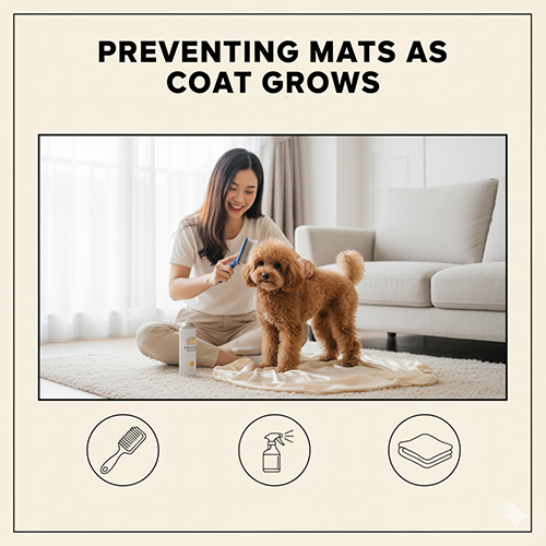 Chó Poodle được chải lông bằng slicker và xịt dưỡng mỏng để ngăn rối khi lông mọc lại sau khi cạo lông máu