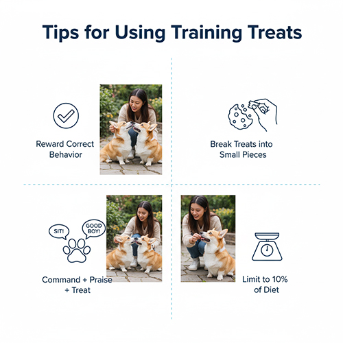 Mẹo sử dụng bánh thưởng trong huấn luyện chó Corgi – cắt nhỏ, thưởng đúng lúc, giới hạn 10% khẩu phần