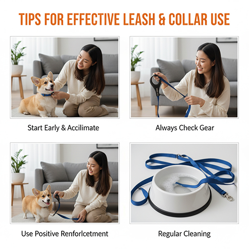 Cô gái huấn luyện chó Corgi đeo vòng cổ và dùng dây dắt trong nhà