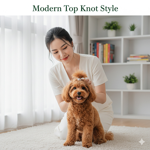 ô gái Việt trẻ chải lông chó Poodle kiểu Modern Top Knot tại nhà.