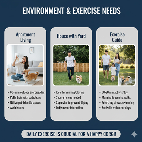 Hướng dẫn môi trường sống và vận động cho chó Corgi – chung cư, nhà phố, nhà vườn; cần 60–90 phút vận động mỗi ngày