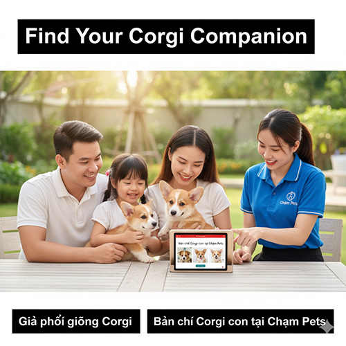 Gia đình cùng nhân viên Chạm Pets chọn mua chó Corgi con và tìm hiểu chi phí phối giống.