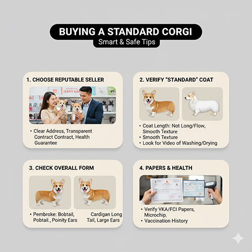 Kinh nghiệm chọn mua Corgi lông ngắn Standard – chọn nơi uy tín, kiểm tra coat đúng chuẩn, đối chiếu form Pembroke/Cardigan, xác minh giấy tờ & sức khỏe.