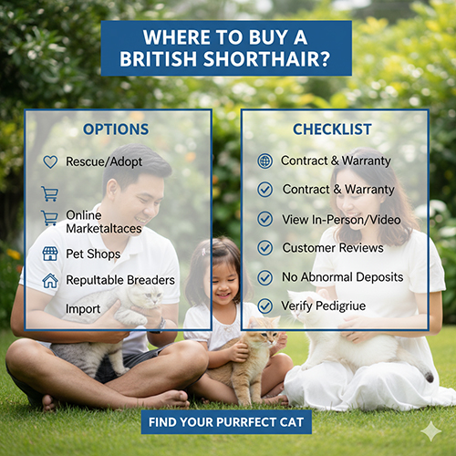 Infographic nơi mua mèo Anh lông ngắn uy tín 2025 với gia đình bế mèo ngoài trời và bảng Options & Checklist