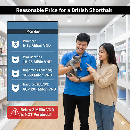 Cặp đôi chọn mua mèo Anh lông ngắn trong cửa hàng thú cưng, khung giá từ 6 triệu đến 120+ triệu tùy loại thuần, có giấy, nhập Thái hoặc Âu Mỹ.