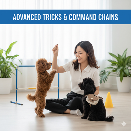 Huấn luyện Poodle nâng cao với chuỗi lệnh: ngồi, bắt tay, lạy và các trick ghép nối