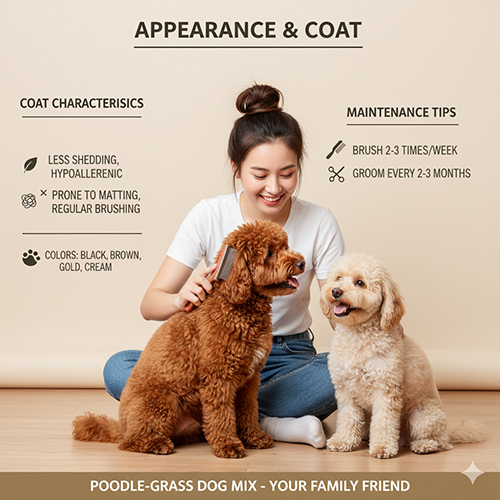 Cô gái đang chải lông cho chó Poodle lai chó cỏ với bộ lông xoăn nhẹ, ít rụng và đa dạng màu sắc