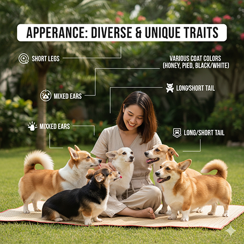 Ngoại hình chi tiết của Corgi lai chó cỏ – dáng dài, chân ngắn, màu lông đa dạng