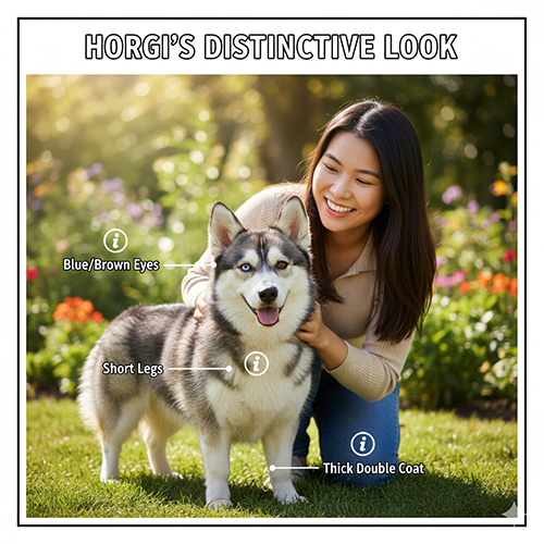 Ngoại hình đặc trưng của Corgi lai Husky (Horgi) – lưng dài, chân ngắn, mắt xanh hoặc nâu, lông dày hai lớp