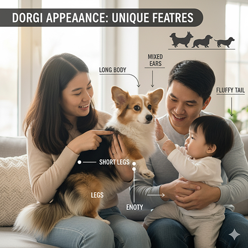 Ngoại hình Corgi lai Lạp xưởng (Dorgi) – dáng dài, chân ngắn, tai dựng hoặc cụp, đuôi rậm xinh xắn