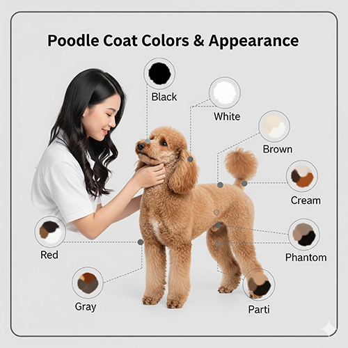 Standard Poodle – ngoại hình thanh thoát, lông xoăn dày chống nước, màu phổ biến đen trắng nâu kem đỏ, màu hiếm xám phantom parti