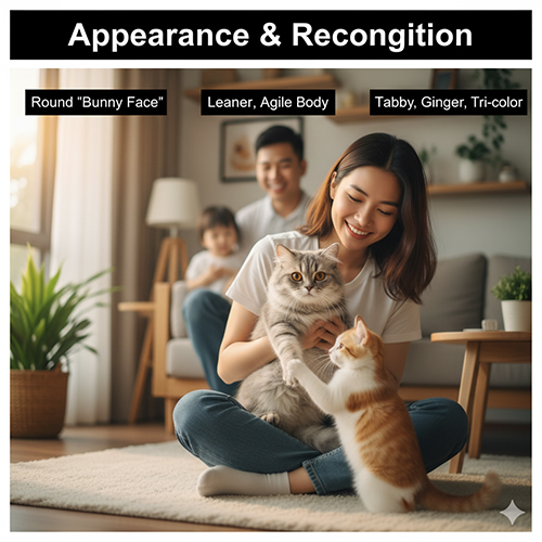 Gia đình Việt Nam chơi đùa với mèo Anh lông ngắn lai mèo ta trong phòng khách sáng, mèo có lông tabby và tam thể