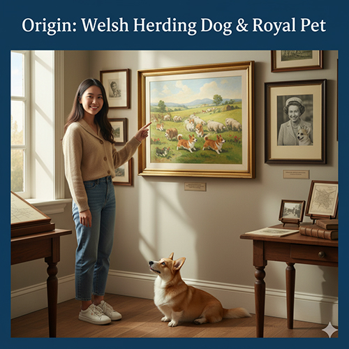 Cô gái đứng cạnh bức tranh về chó Pembroke Welsh Corgi chăn gia súc, bên cạnh chú Corgi ngồi dưới sàn