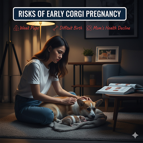 Nguy cơ khi để Corgi đẻ quá sớm: thai yếu, khó sinh, suy kiệt sức khỏe, ảnh hưởng tâm lý và nguy cơ biến chứng sau sinh.