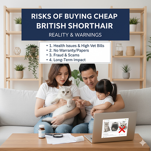 Gia đình bên mèo Anh lông ngắn với checklist rủi ro: bệnh tật, không bảo hành giấy tờ, lừa đảo đặt cọc, hệ lụy lâu dài.